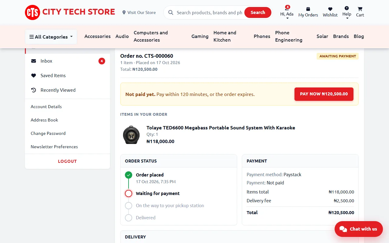 An unpaid order in My Orders with the Pay now button