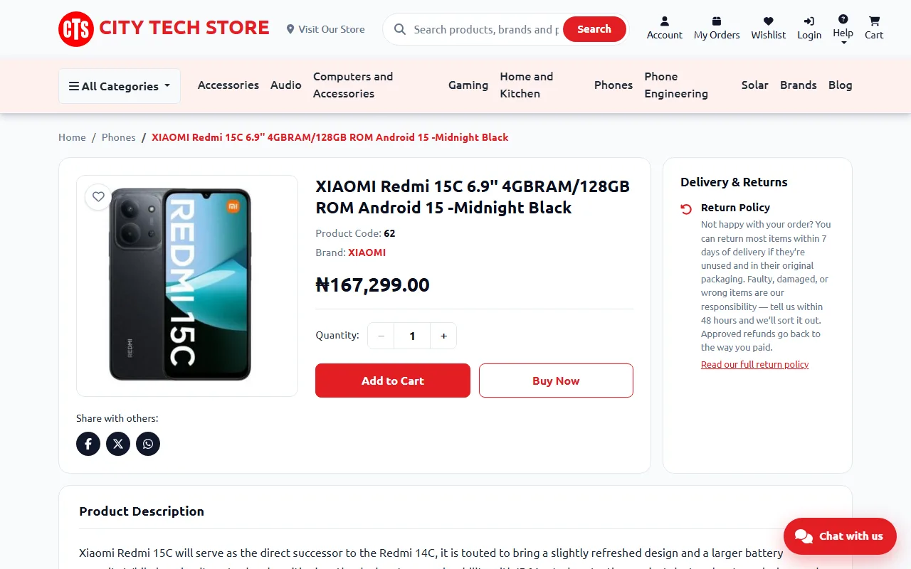 A product page with the price, Add to Cart and Buy Now buttons