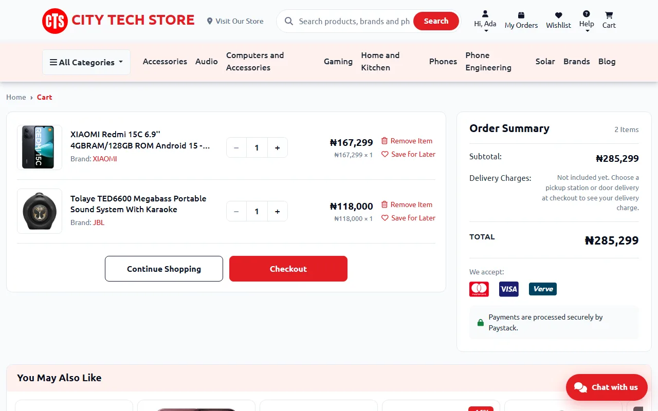 The cart page with quantities, item total and the Checkout button