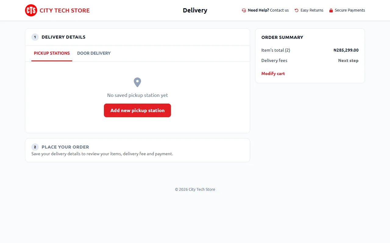 The checkout delivery page with door delivery and pickup station options