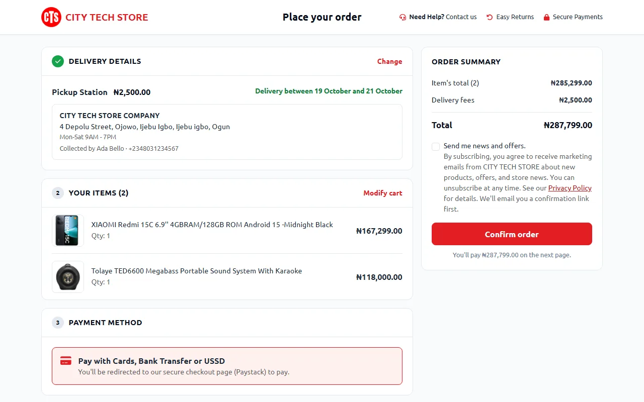 The review page with the order summary and the Confirm order button