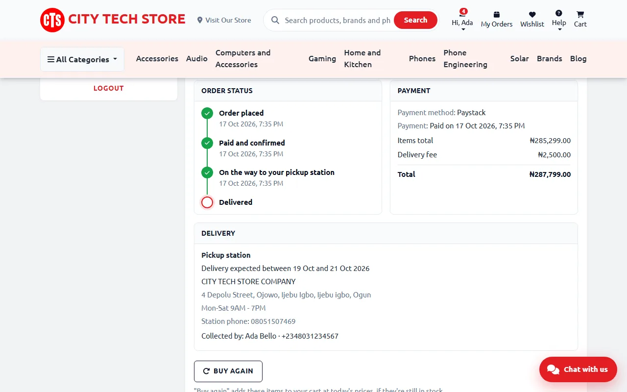 An order page with the status timeline